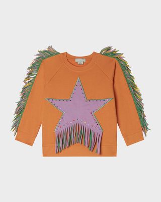 Girl's Embellished Star-Print Fringe Sweatshirt, Size 4-10