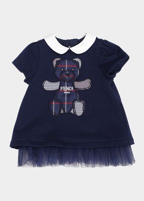 Girl's Embroidered Bear Ruffle Dress, Size 6M-24M