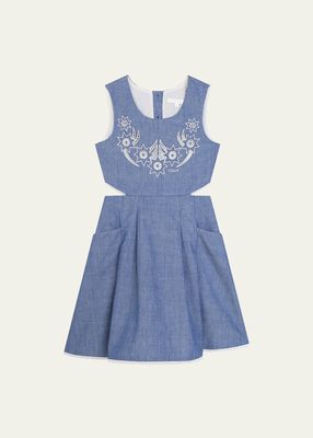 Girl's Embroidered Cutout Chambray Dress, Size 4-14
