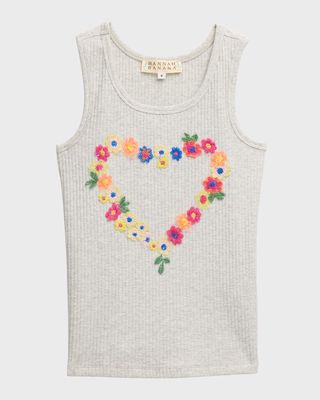 Girl's Embroidered Flower Heart Tank Top, Size 4-6