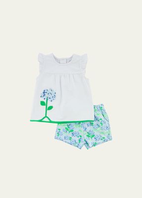 Girl's Embroidered Hydrangea and Printed Shorts Set, Size 12M-5