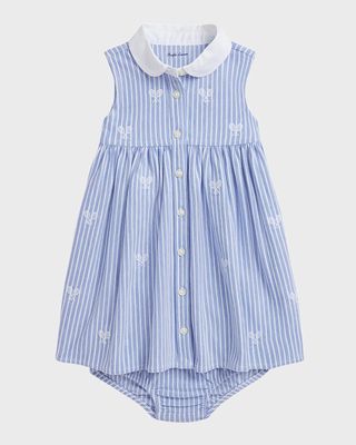 Girl's Embroidered Pinstripe Cotton Mesh Dress with Bloomers, Size 3M-24M