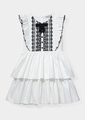 Girl's Embroidered Ruffle Trim Dress, Size 3-12