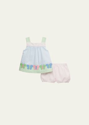 Girl's Embroidered Seersucker Striped Dress W/ Bloomers, Size 6M-24M