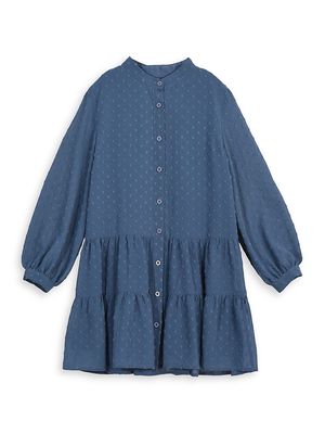 Girl's Embroidered Tiered Dress - Denim Blue - Size 8 - Denim Blue - Size 8