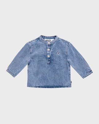 Girl's Enoz Embroidered Happy Face Denim Shirt, Size 6M-2