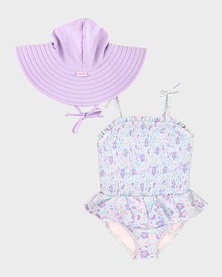 Girl's Fairytale Smocked Swimsuit and Hat Set, Size 3M-8
