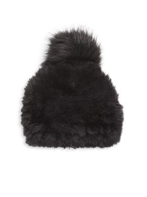 Girl's Faux Fur Knit Pom-Pom Hat - Black - Black