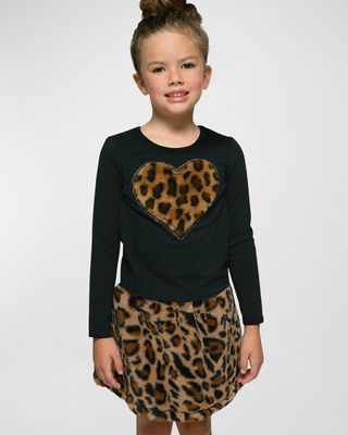 Girl's Faux-Fur Leopard Heart Tee, Size 7-14