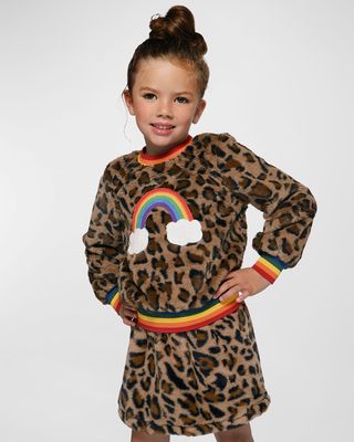 Girl's Faux-Fur Leopard Rainbow Top, Size 7-14