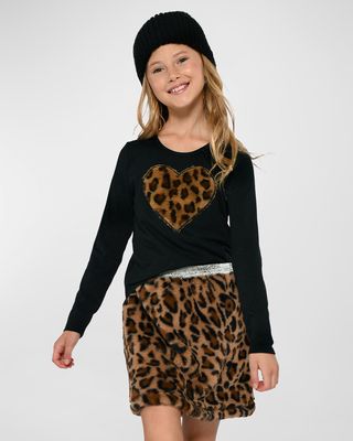Girl's Faux-Fur Leopard Skirt, Size 7-14