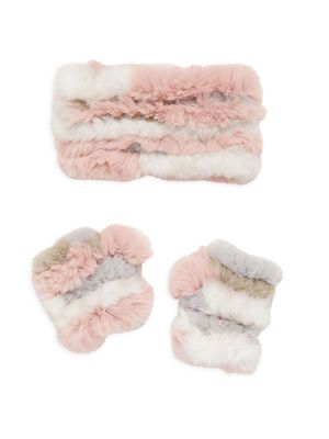 Girl's Faux Fur Mandy Mittens & Headband Set - Pastel Multi - Pastel Multi