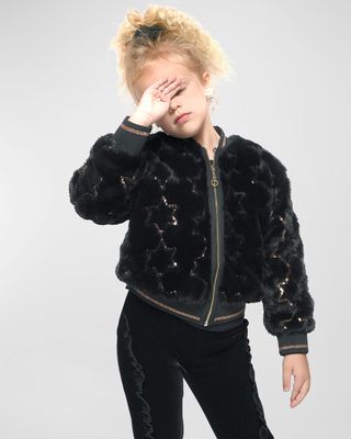 Girl's Faux-Fur Sequin Star Jacket, Size 4-6
