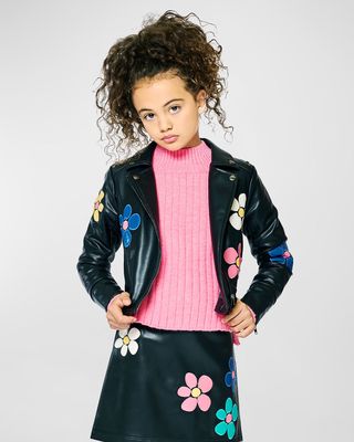 Girl's Faux Leather Floral-Patched Jacket, Size 7-14