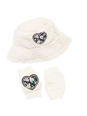 Girl's Faux Sherpa Bucket Hat & Mittens Set - Ivory - Ivory