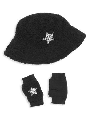 Girl's Faux Sherpa Star Bucket Hat & Fingerless Gloves Set - Black - Black
