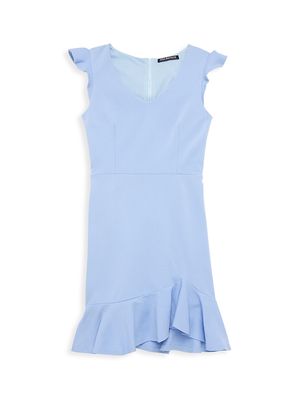 Girl's Fiona V-Neck Ruffle Dress - Blue - Size 10 - Blue - Size 10