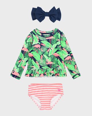 Girl's Flamingo Rashguard Two-Piece Swimsuit and Bow, Size 3M-8