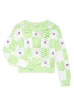 Girl's Floral Checkerboard Sweater - White Lime - Size 8 - White Lime - Size 8