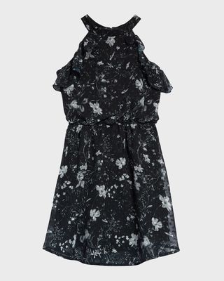 Girl's Floral Clip Dot-Print Halter Dress, Size 2-14