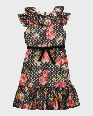 Girl's Floral Crochet Lace Dress Ruffle Dress, Size 7-14