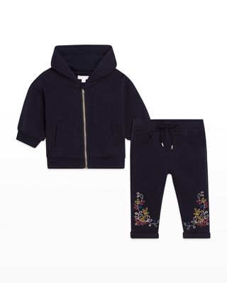 Girl's Floral Embroidered Cotton Jogger Set, Size 12M-3