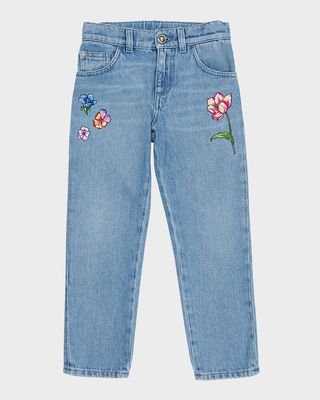 Girl's Floral Embroidered Denim Jeans, Size 8-14