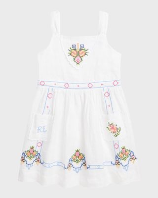 Girl's Floral Embroidered Linen Dress, Size 2-4