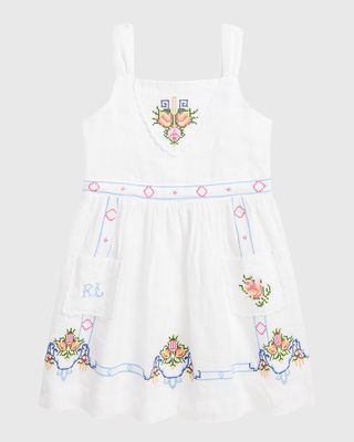 Girl's Floral Embroidered Linen Dress, Size 5-6X