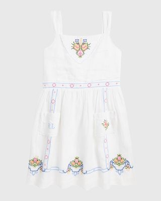 Girl's Floral Embroidered Linen Dress, Size 7-16