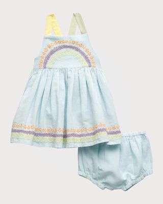 Girl's Floral Embroidered Linen Dress W/ Bloomers, Size 6M-24M