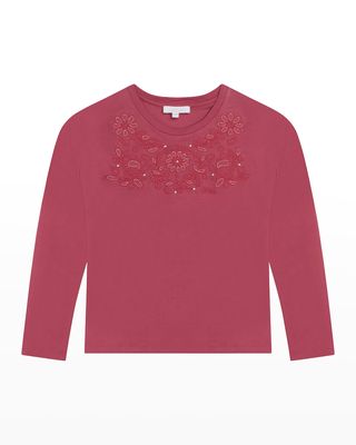 Girl's Floral Embroidered Top, Size 4-5