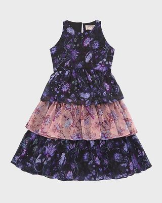 Girl's Floral-Print Chiffon Tiered Dress, Size 2-14