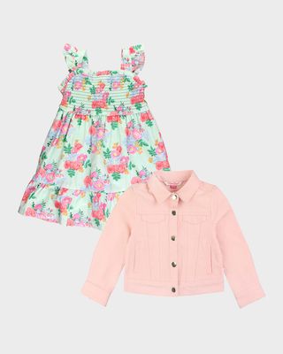 Girl's Floral-Print Dress and Denim Jacket Set, Size 3M-8
