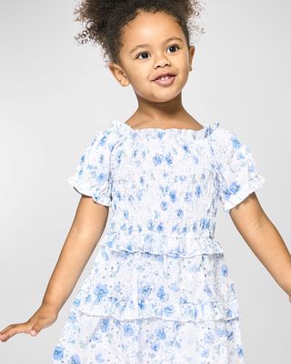 Girl's Floral-Print Embroidered Smocked Dress, Size 7-14