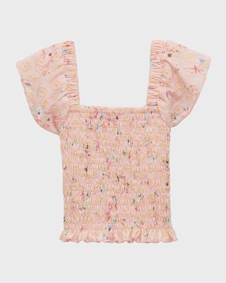 Girl's Floral-Print Eyelet Smocked Top, Size S-XL