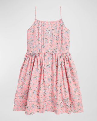 Girl's Floral-Print Linen Dress, Size 7-16