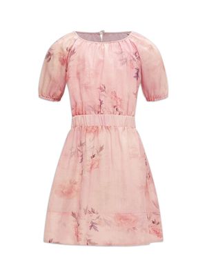 Girl's Floral Print Puff Sleeve Dress - Pink Floral - Size 10