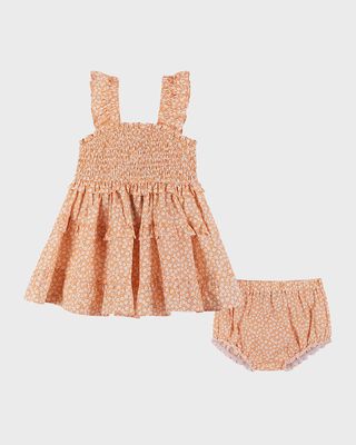 Girl's Floral-Print Ruffle Smocked Dress And Bloomers, Size Newborn-18M