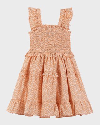 Girl's Floral-Print Ruffle Smocked Dress, Size 2-6X