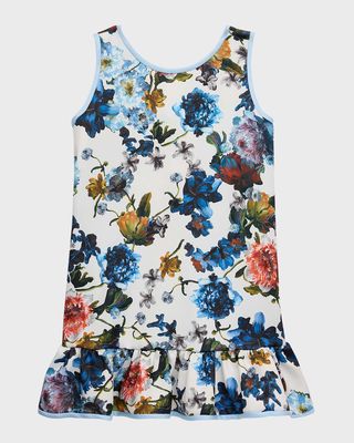 Girl's Floral-Print Sleeveless Drop-Waist Dress, Size 4-6