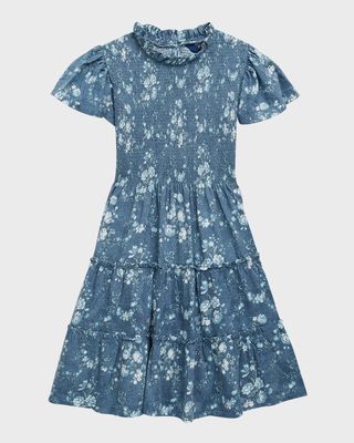 Girl's Floral-Print Smocked Floral-Print Dress, Size S-XL