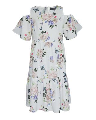 Girl's Floral-Print Tiered Cold-Shoulder Dress, Size 4-12