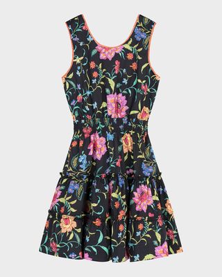 Girl's Floral-Printed Tiered Poplin Dress, Size 4-12