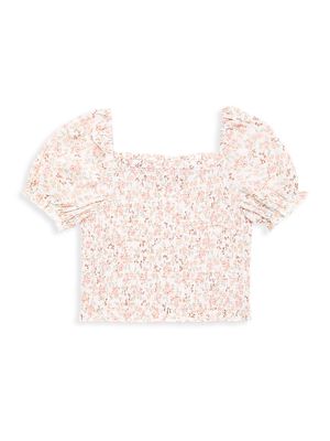 Girl's Floral Puff-Sleeve Top - Misty Pink Combo - Size 8 - Misty Pink Combo - Size 8