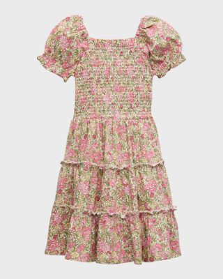 Girl's Floral-Smocked Ruffle Trim Dress, Size 2-4