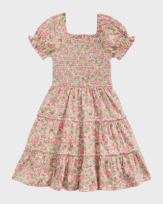 Girl's Floral-Smocked Ruffle Trim Dress, Size 5-6X