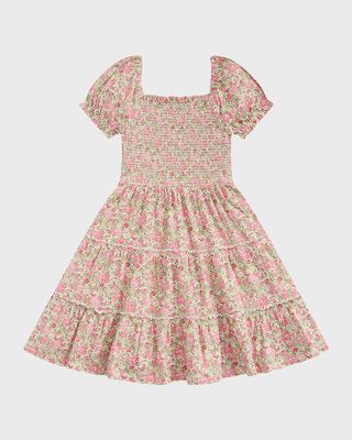 Girl's Floral-Smocked Ruffle Trim Dress, Size S-XL