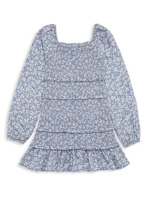 Girl's Floral Square Neck Tiered Dress - Blue Jean Combo - Size 10