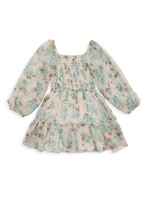 Girl's Floral Tiered Dress - Pink Blue Floral Chif - Size 7